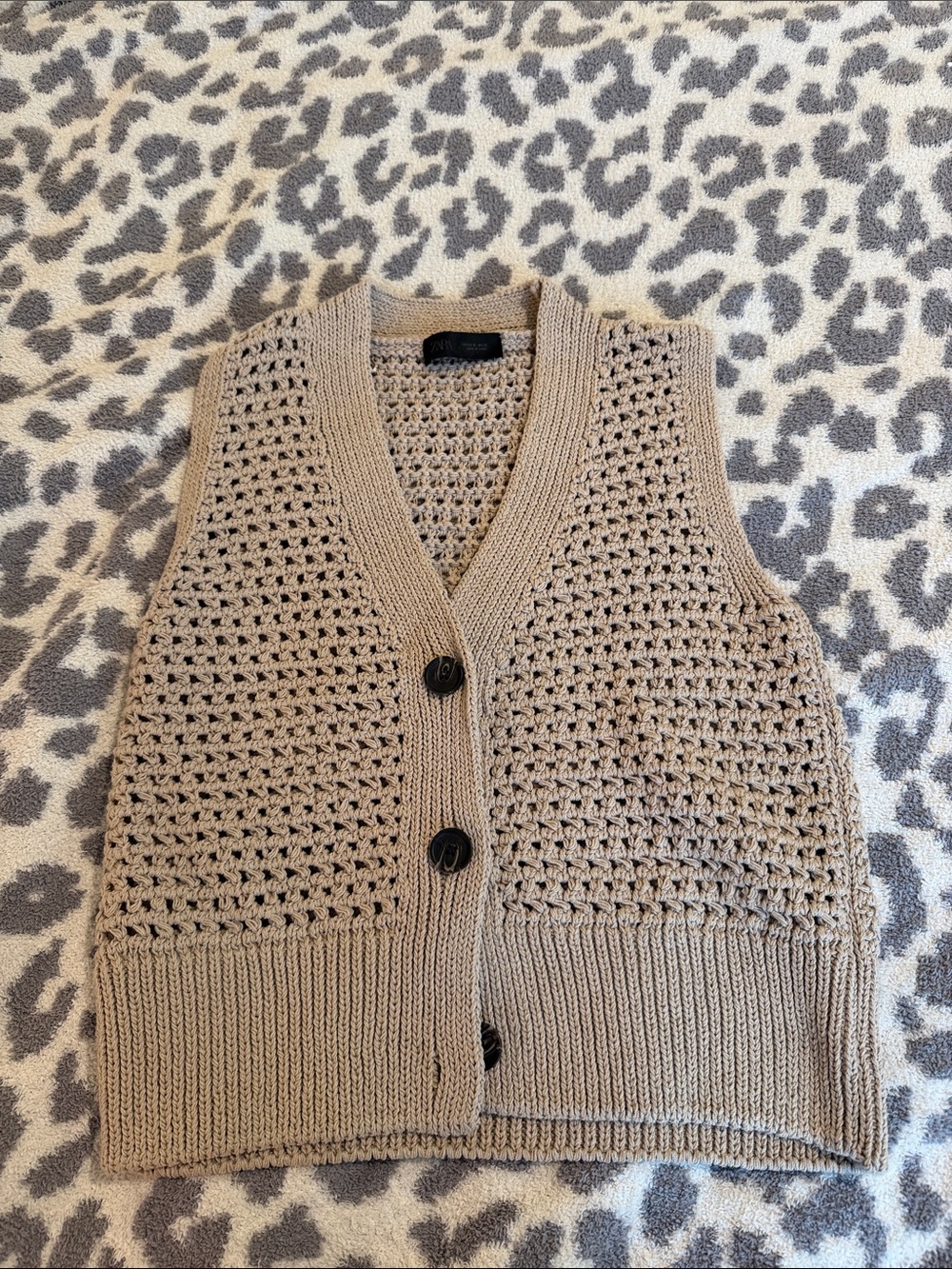 Zara Taupe Open-Knit Button Front Sweater Vest